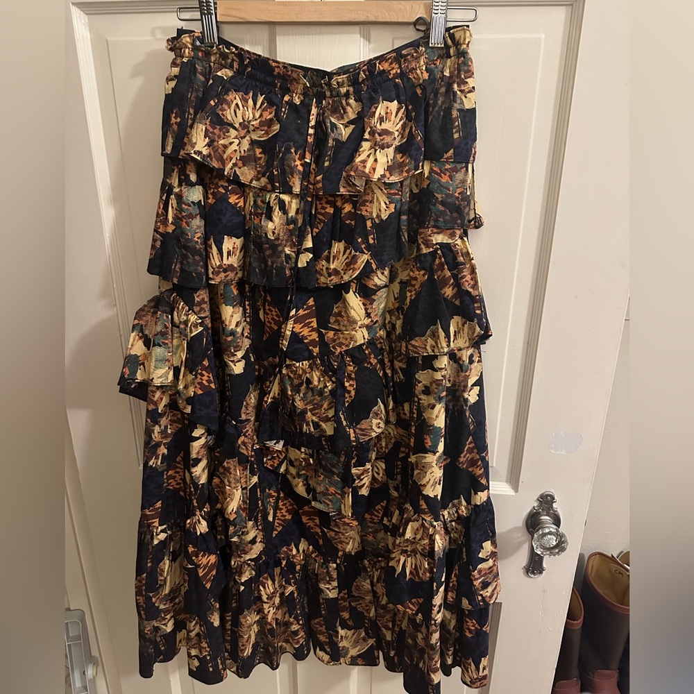 Ulla Johnson Floral Ruffle Maxi Skirt — Navy, Cream, Rust - Picture 3 of 6